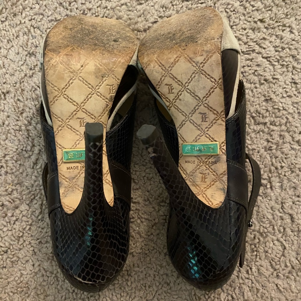 Lamb Taupe & Python Print Leather Platform Sandals - image 5